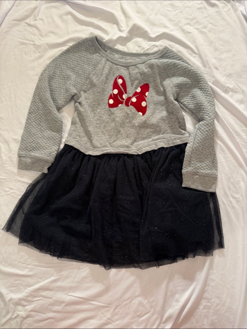 GAP Minnie Mouse Grey Dress with Black Sparkle Tulle Skirt and Red Polka Dot Bow